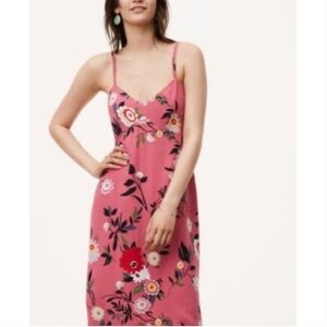 LOFT Rose Pink Floral V-neck Spaghetti Strap Midi Slip Dress Size 12 Petite
